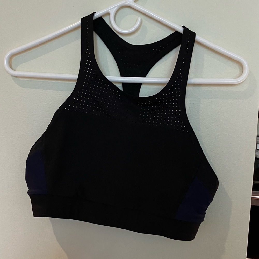 Black Athleta Racerback Swim Top with Mesh and Navy Accents